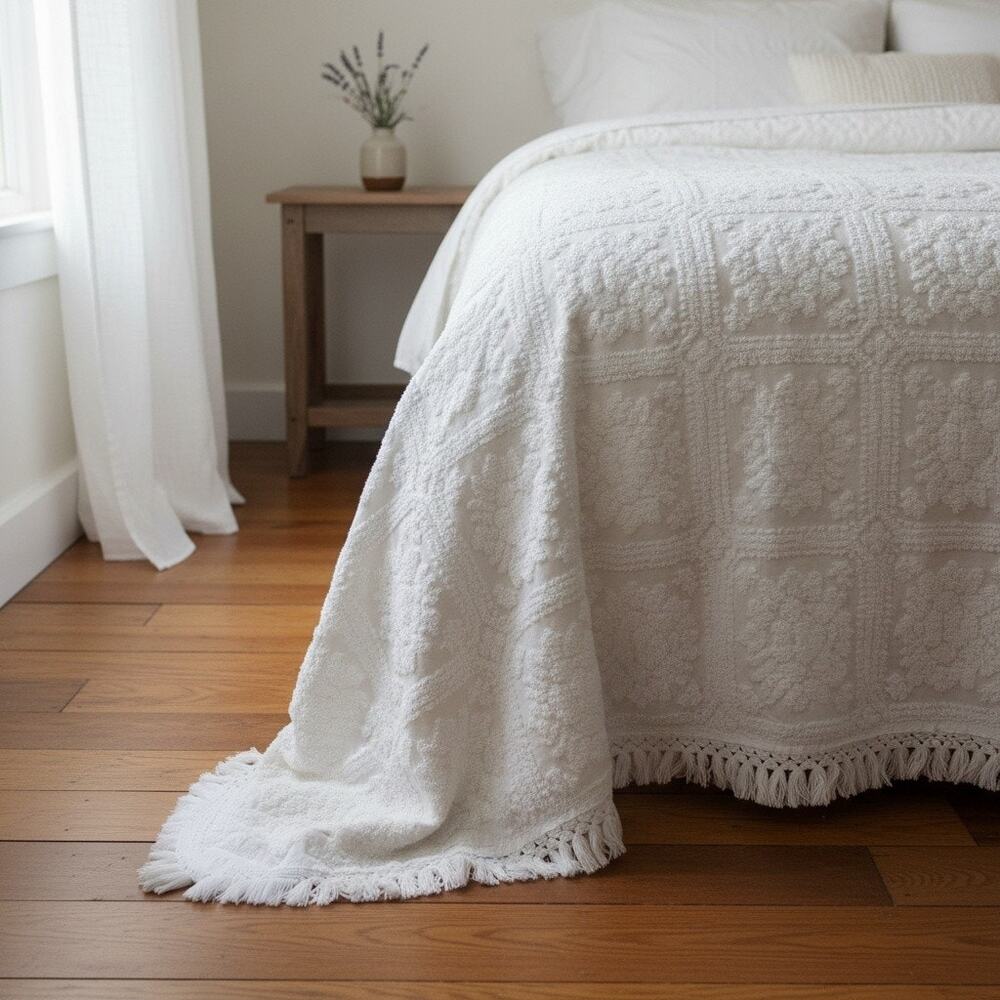 Vintage White Chenille Bedspread Fringe-Queen-King-Cottage-Farmhouse-Blanket